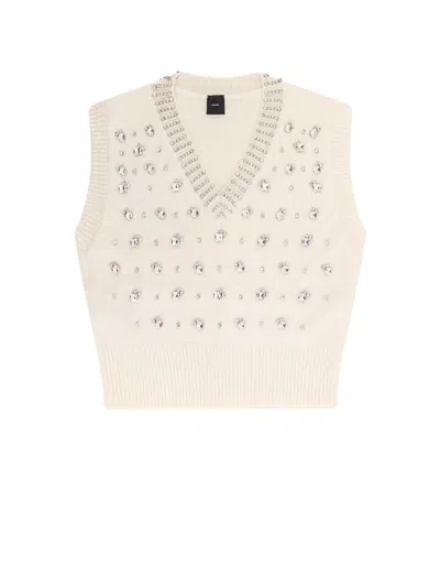 Pinko Wool Blend Vest With Rhinestones In Neutral