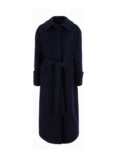 Pinko Wool Rhinestone-embellished Belted Long Coat In Black