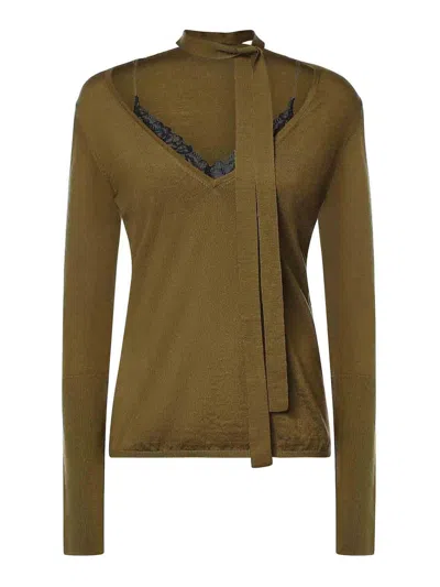 Pinko Wool Sweater With Lace And Sash In Green