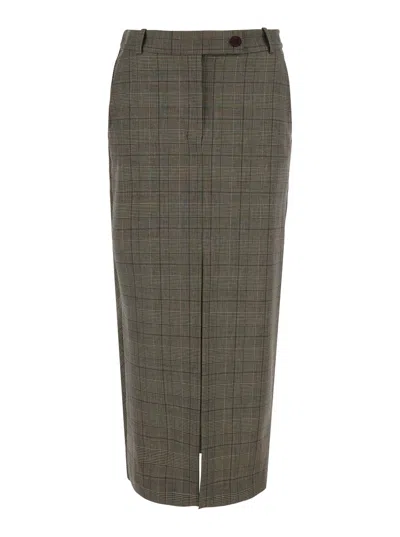 Pinko Wool-blend High-waist Pleated Mini Skirt With Stripe Motif And Back Logo Patch In Gray