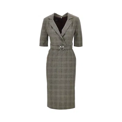 Pinko Wool-blend Midi Dress With Check Motif In Gray