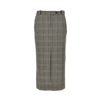 Pinko Wool-blend Midi Skirt With Check Motif In Gray