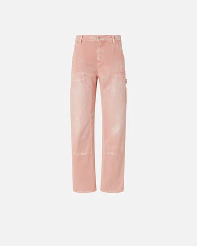 Pinko Worn Cotton Bull Workwear Jeans In Coral. Bruciato