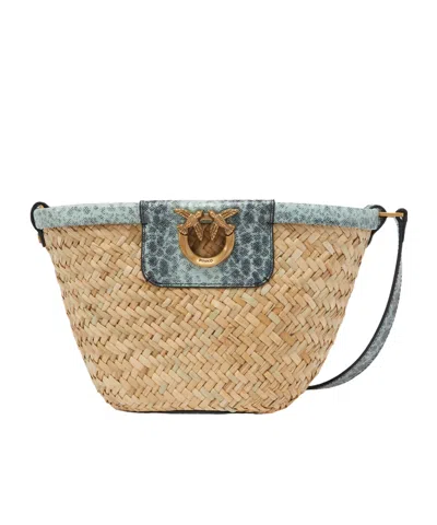 Pinko Woven Small Bucket Bag In Brown