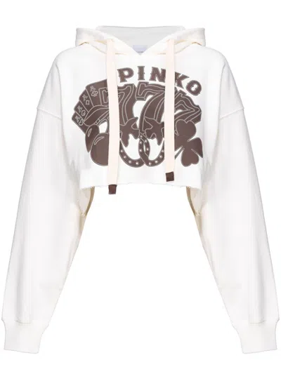 Pinko Y2k Cards Cotton Cropped Hoodie In Snow White