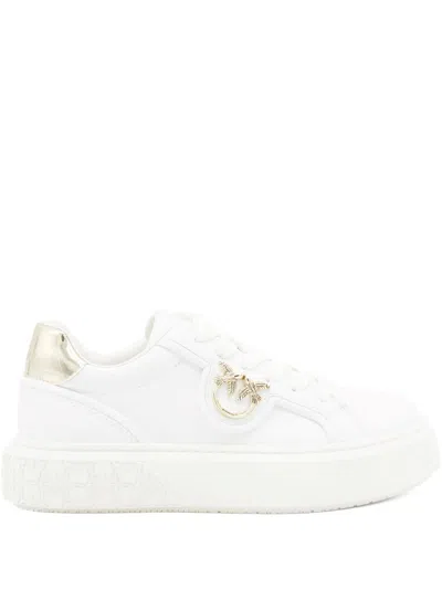 Pinko Yoko White Sneakers With Love Birds Logo Plaque And Contrasting Heel In Leather Blend Woman