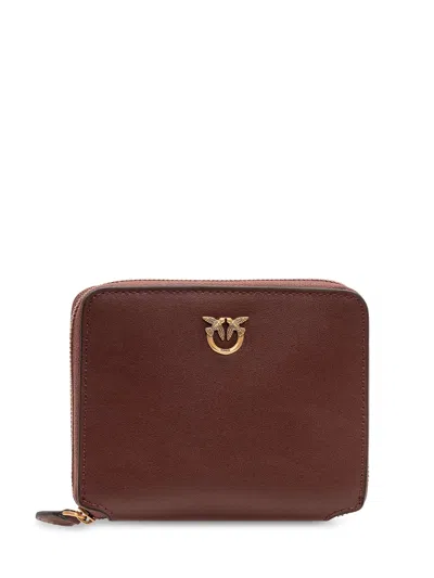Pinko Zip Around Mini Wallet With Logo Detail In Burgundy Wine/antique Gold