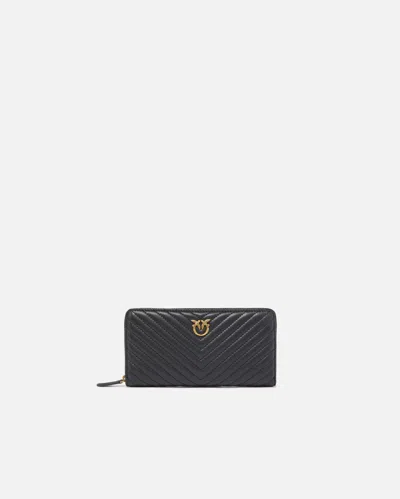 Pinko Portafoglio Zip-around In Nappa Chevron In Black-antique Gold