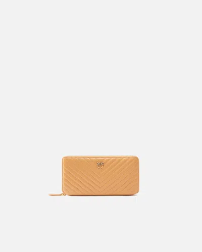 Pinko Zip-around Wallet In Chevron-patterned Nappa Leather In Torrone-antique Gold