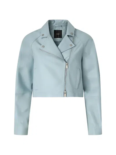 Pinko Zippered Leather Jacket In Blue