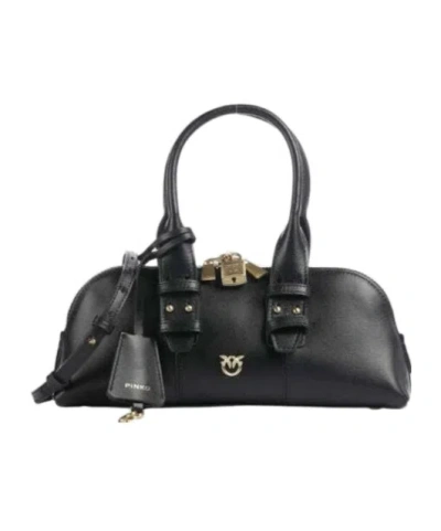 Pinko Bowling Bag Horizontal Black Handbag With Adjustable And Removable Shoulder Strap And Padlock Detail