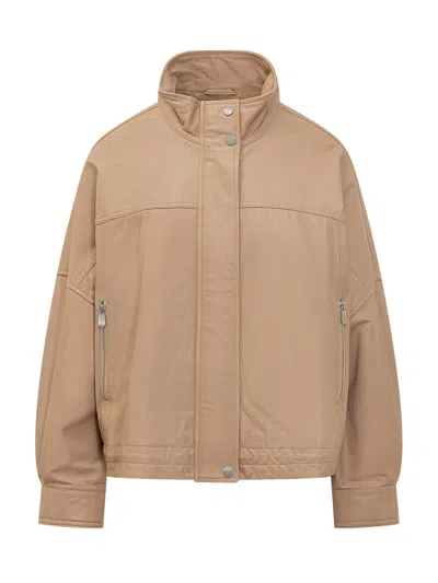 Pinko Zip-up Blouson Jacket With Neck In Beige Chantilly