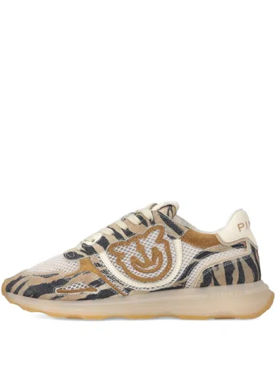 Pinko Low Top Sneakers Animal Pattern Mesh Panels Rubber Sole In Brown