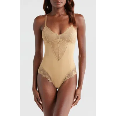 Pinsy Sculpting Lace Shapewear Bodysuit In Beige Sand