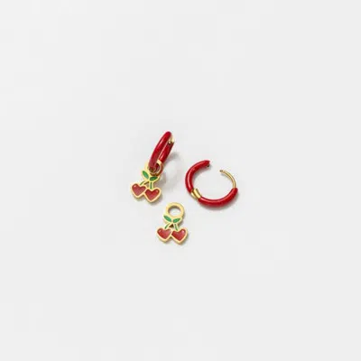 Pip Pop Kids'  Cherries Charm & Red Enamel Hoop Earring Set