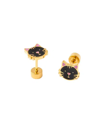 Pip Pop Kids' Girls' Black Cat Flatback Stud Hypoallergenic Earrings In Gold