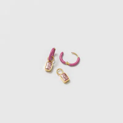 Pip Pop Kids'  Pink Emerald Cut Charm & Pink Enamel Hoop Earring Set In Gold