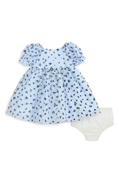 Pippa & Julie Babies'  Floral Organza Stripe Puff Sleeve Dress In Blue