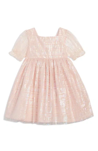 Pippa & Julie Kids' Elisa Metallic Plaid Puff Sleeve Party Dress In Pink Sparkle Plaid