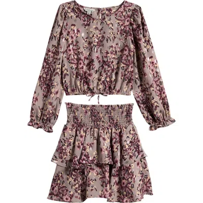 Pippa & Julie Kids' Floral Top & Smocked Skirt Set In Grey