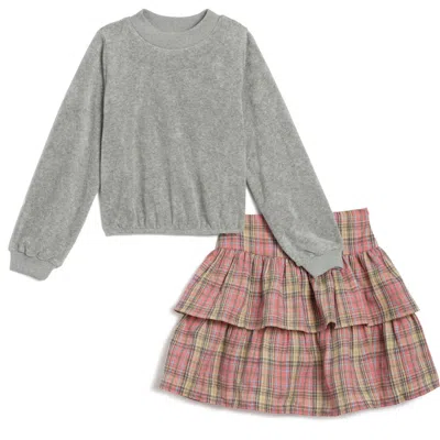 Pippa & Julie Kids' French Terry Top And Plaid Skirt Set In Gray