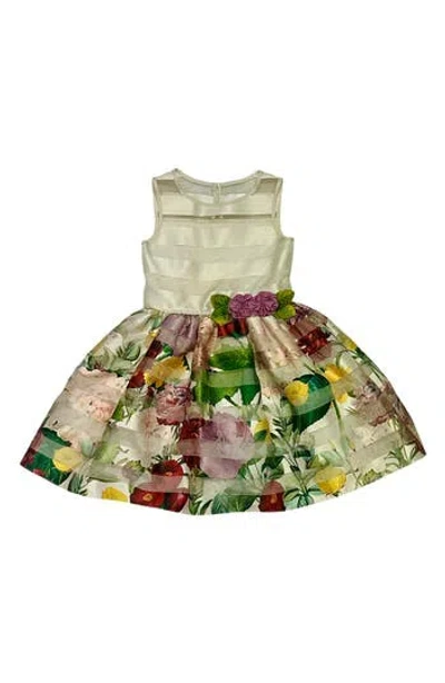 Pippa & Julie Kids' Grace Floral Stripe Organza Dress In Ivory