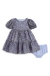 Pippa & Julie Kids' Olive Boho Floral Print Party Dress & Bloomers In Blue