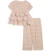 Pippa & Julie Kids' Ruffle Tiered Top & Wide Leg Pants Set In Ivory Ditsy Floral