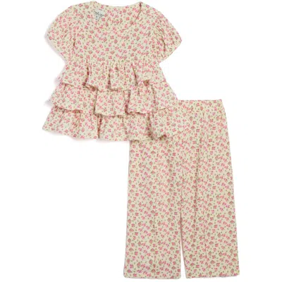 Pippa & Julie Kids' Ruffle Tiered Top & Wide Leg Pants Set In Ivory Ditsy Floral