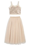 Pippa & Julie Kids' Sequin Top & Tulle Maxi Skirt Set In Gold