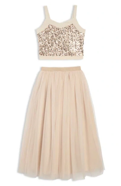 Pippa & Julie Kids' Sequin Top & Tulle Maxi Skirt Set In Gold