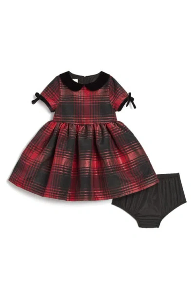Pippa & Julie Babies'  Molly Velvet Trim Plaid Peter Pan Collar Party Dress With Bloomers In Red