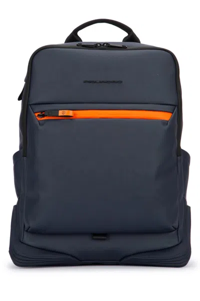 Piquadro Streamlined Black Backpack With Padded Shoulder Straps In Blue