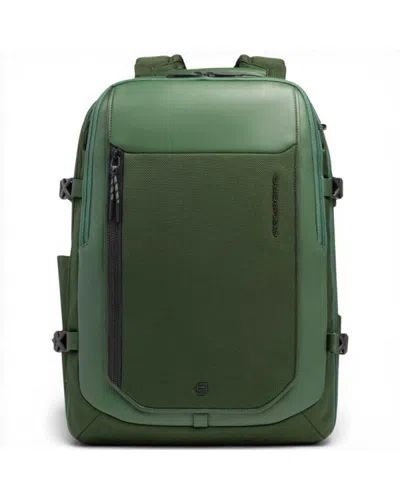 Piquadro Bagmotic Pro Unisex Green Leather And Fabric Backpack With Laptop 15.6''' And Ipad