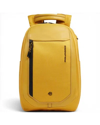 Piquadro Bagmotic Unisex Leather And Fabric Backpack With Laptop 14''' And Ipad In Yellow