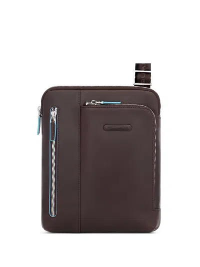 Piquadro Blue Square Leather Messenger Bag In Brown