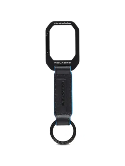 Piquadro Carabiner Leather Keychain In Black