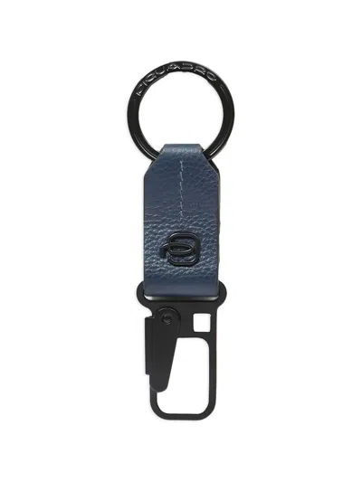 Piquadro Carabiner Leather Keychain In Gray