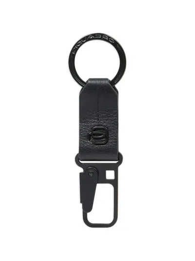 Piquadro Carabiner Leather Keyring In Metallic