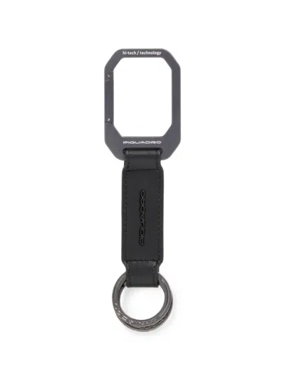 Piquadro Carabiner Leather Keyring In Black