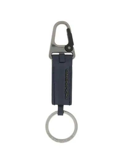 Piquadro Carabiner Leather Keyring In Blue