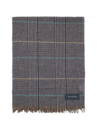 Piquadro Check Fringed Scarf In Gray