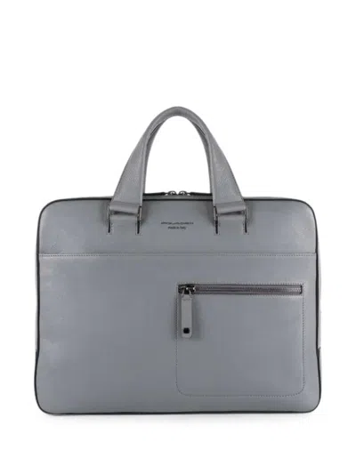 Piquadro David Leather Laptop Bag In Gray