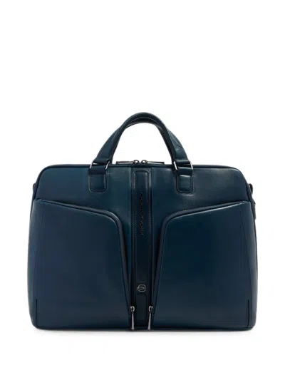 Piquadro Double Zip Leather Briefcase In Blue