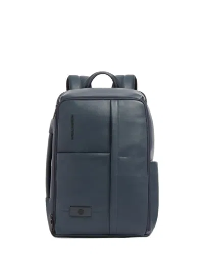 Piquadro Expandable Logo-plaque Leather Backpack In Blue