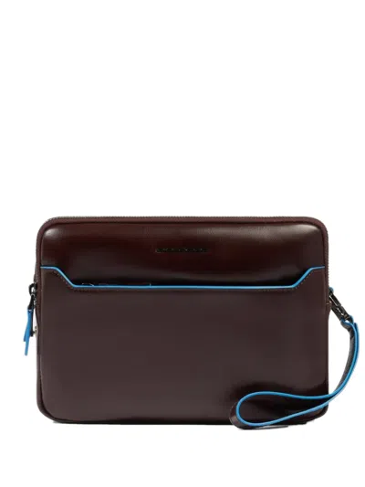 Piquadro Fingerprint Security Leather Clutch Bag In Brown