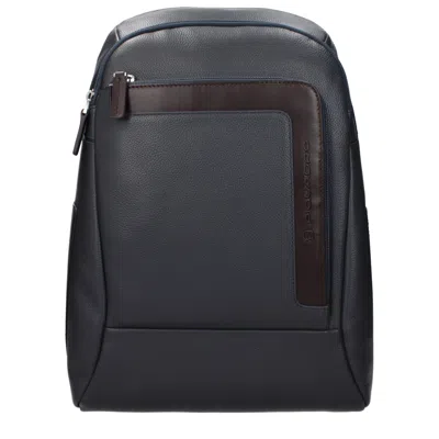 Piquadro Gray Leather Men's Backpack In Blue