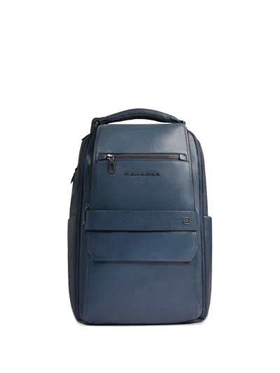 Piquadro Leather Laptop Backpack In Blue