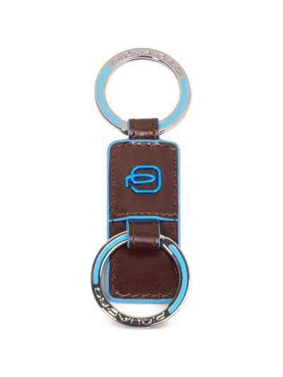 Piquadro Leather Two-ring Keychain In Brown