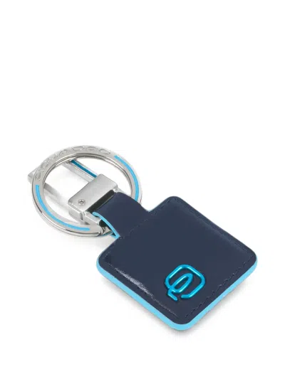 Piquadro Logo-plaque Leather Keyring In Blue